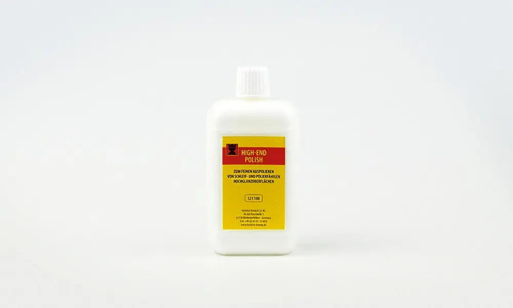 High-End Polish 150 ml for høyglansflater. Jevner ut fine slipestriper på polyester, PUR-lakk, akryl, plexiglass og metall. Vannbasert.
