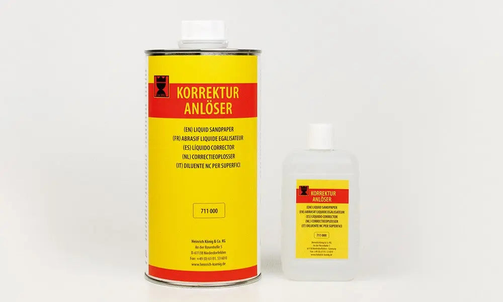 Korrektur-løsemiddel for avfetting før reparasjon og skånsom fjerning av fyllstoffrester. Fjerner Füll-Fix, mykvoks, Rex-Lith og AQUA Fyllsparkel.