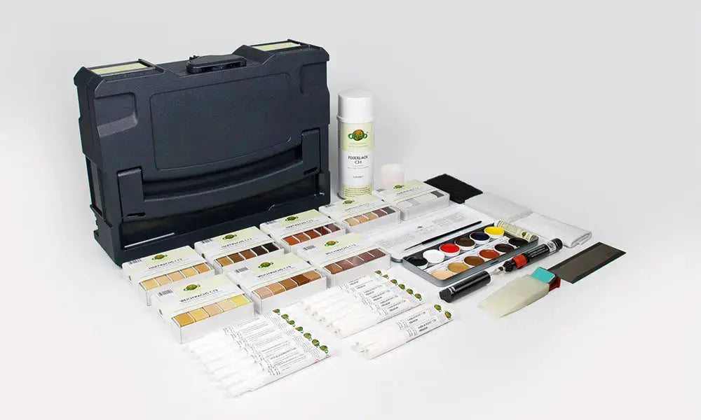 Repair-Systainer PRO for profesjonell reparasjon av møbler og interiør. Komplett PRO-system med voks, verktøy og lakk i praktisk Systainer-koffert.