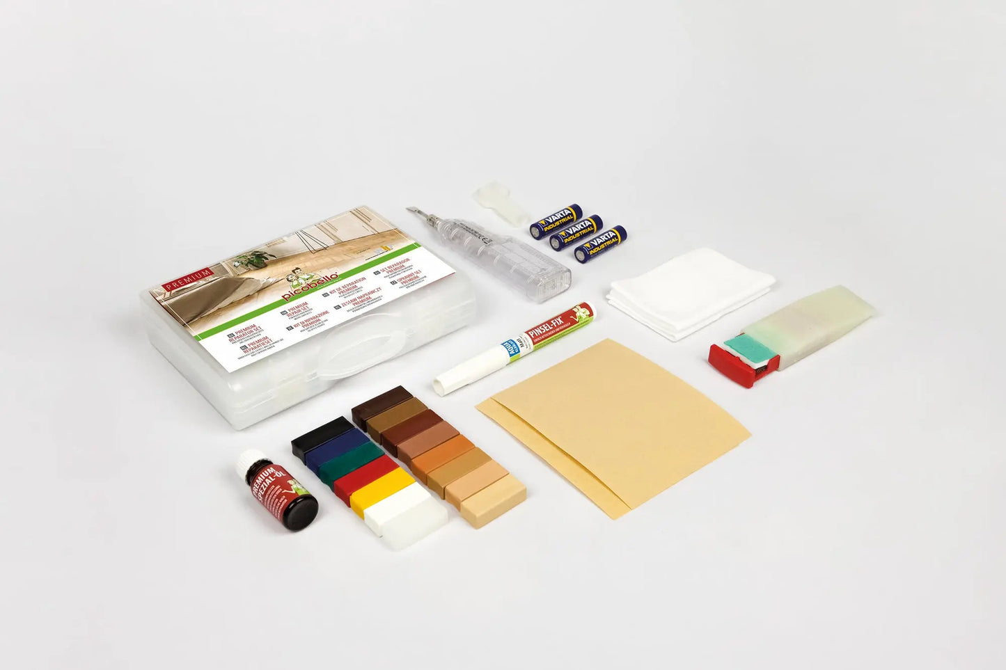 Komplett reparasjonssett for både lakkerte og oljede treoverflater. Profesjonelt system for varig reparasjon av møbler og gulv.