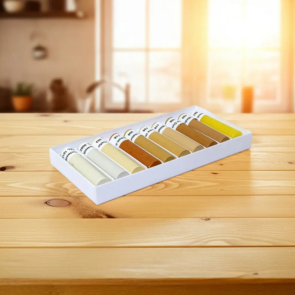 Fyll-Fix Serie 713 i lyse tretoner, 10 x 8 cm. Mykvoks for fine riper i dekorflater. Enkel påføring med fyllstoff-høvel. Smeltetemperatur 60°C.