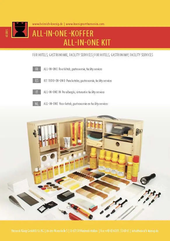 All-In-One Koffert for profesjonell reparasjon av gulv og trapper. Komplett system med voks, verktøy og lakk for alle typer reparasjoner på stein, tre, plastikk.